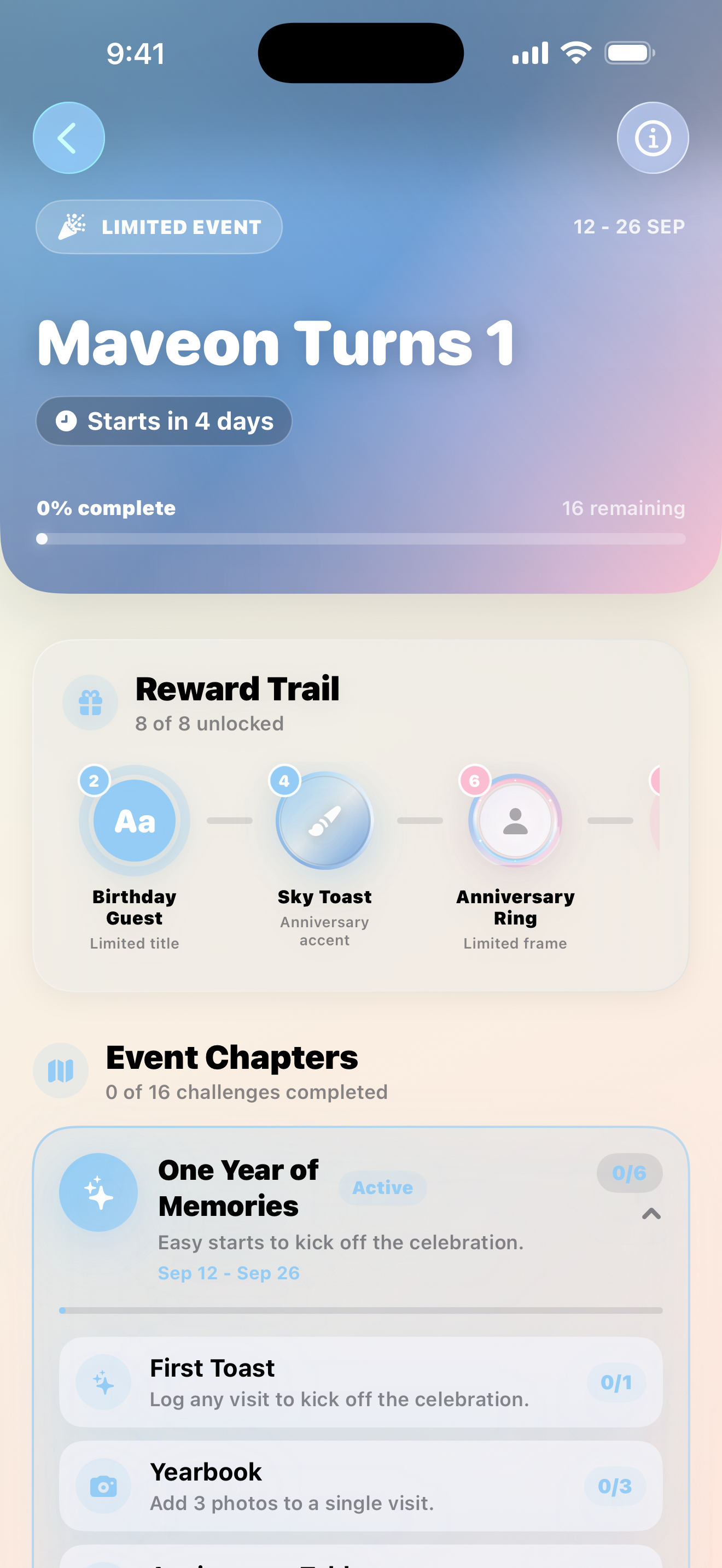 Maveon's 1 Year Anniversary event hub, live in the app
