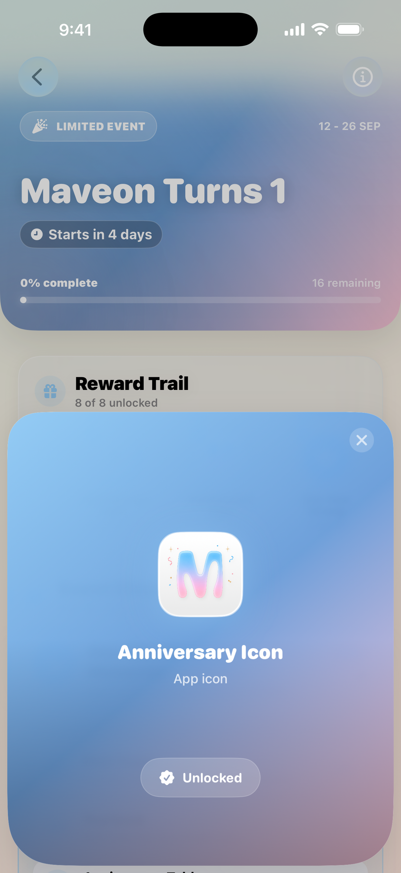Anniversary Icon reward unlocked in the Maveon app