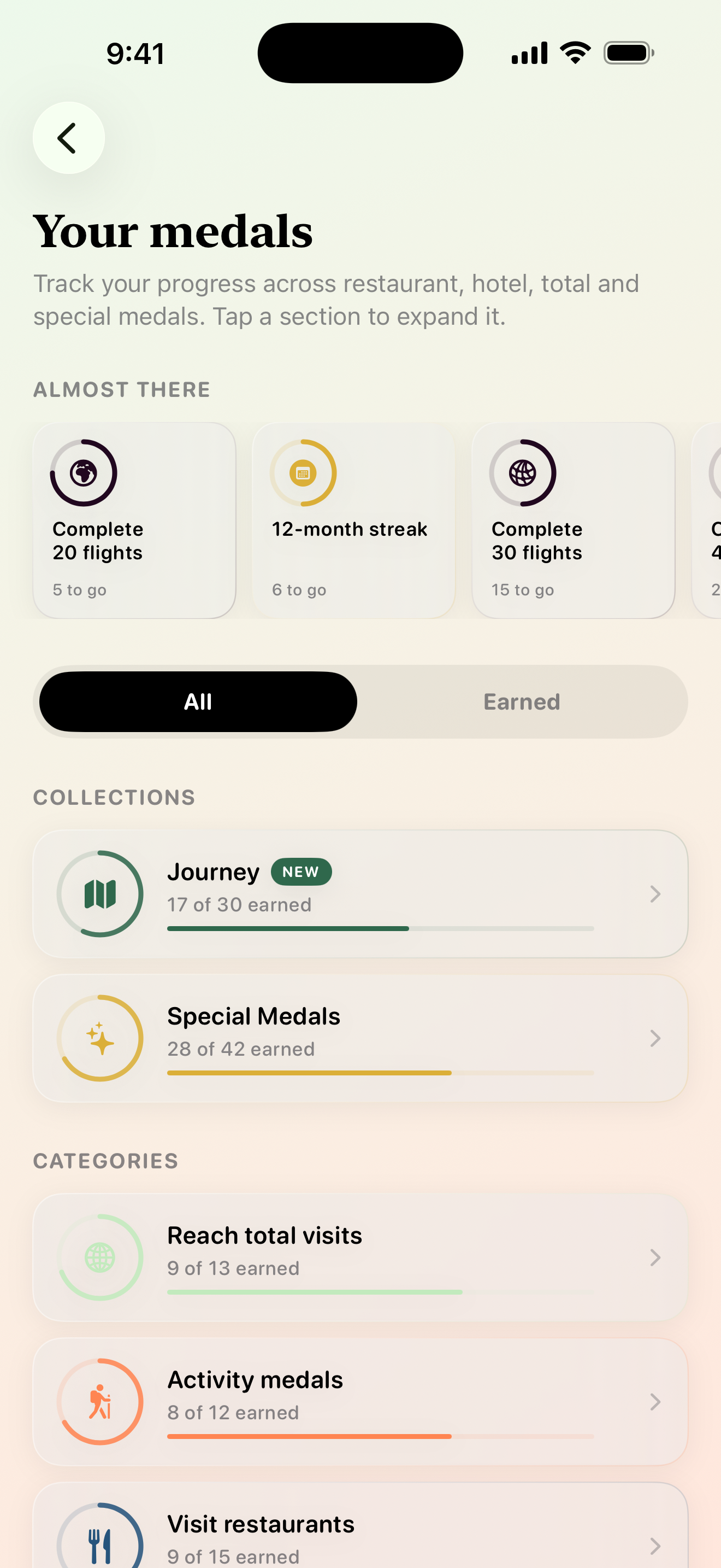 Maveon medals screen with achievement categories