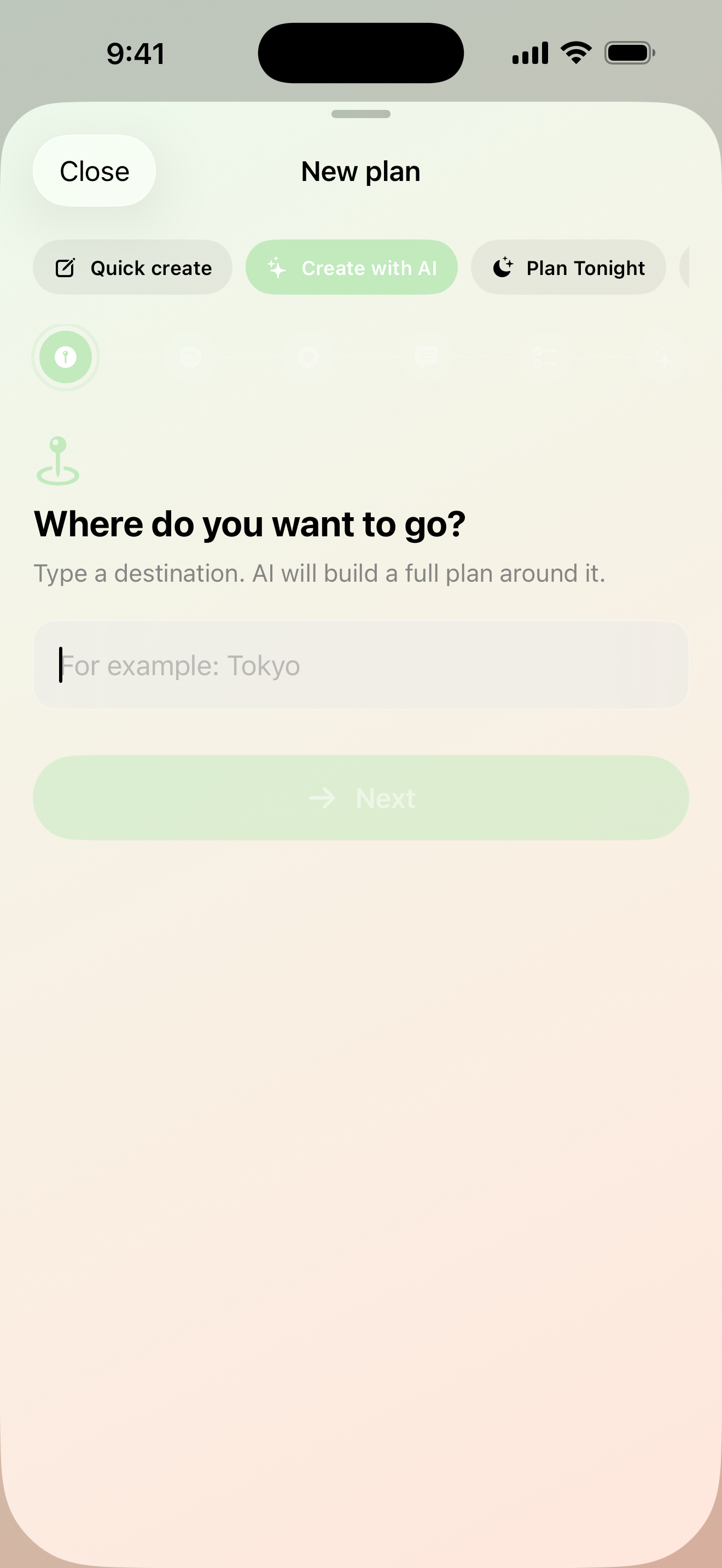Maveon AI Planner: type a destination and AI builds the plan
