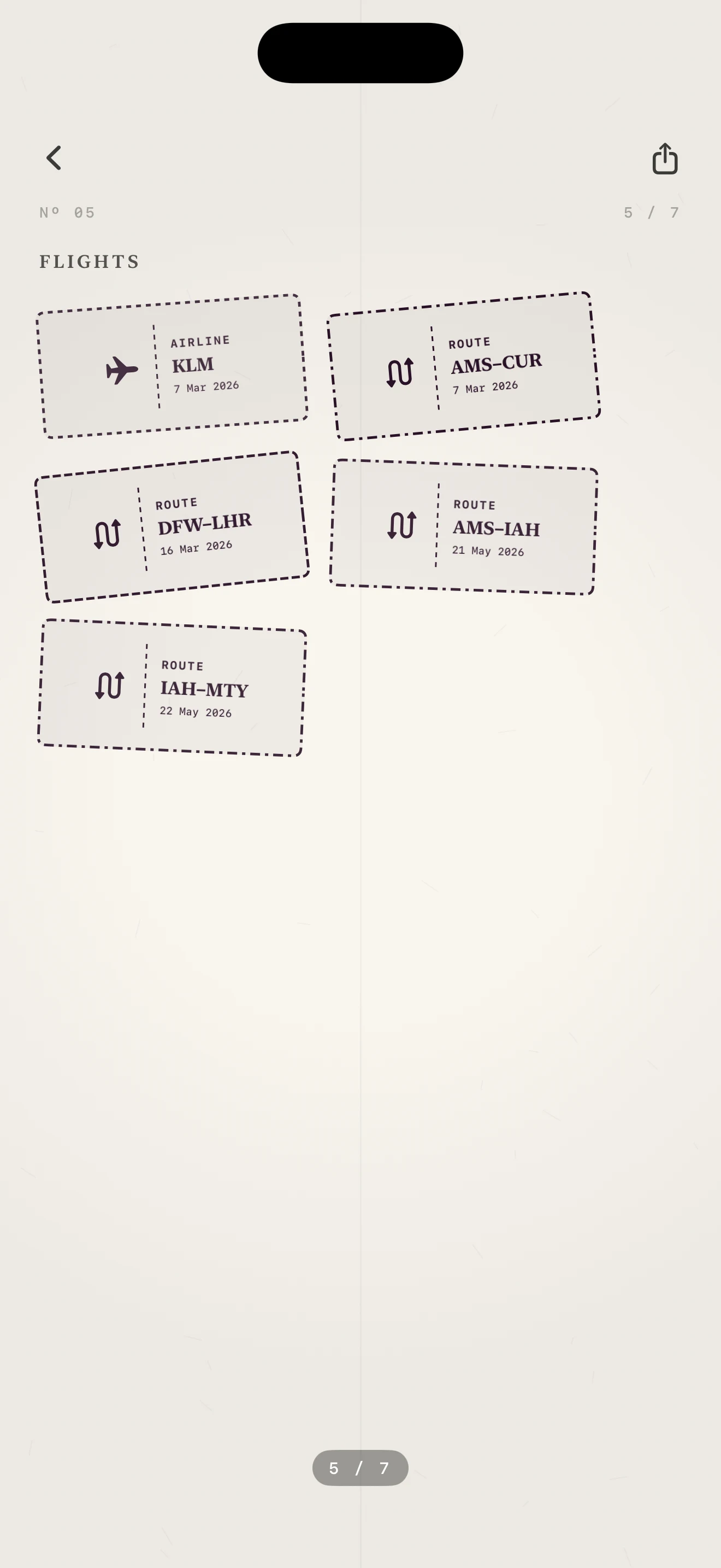 Passport stamp page with airline and route stamps
