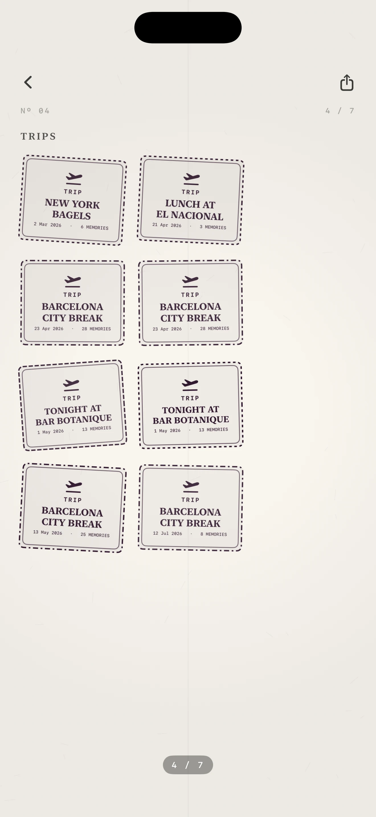 Passport stamp page with ticket-shaped trip stamps