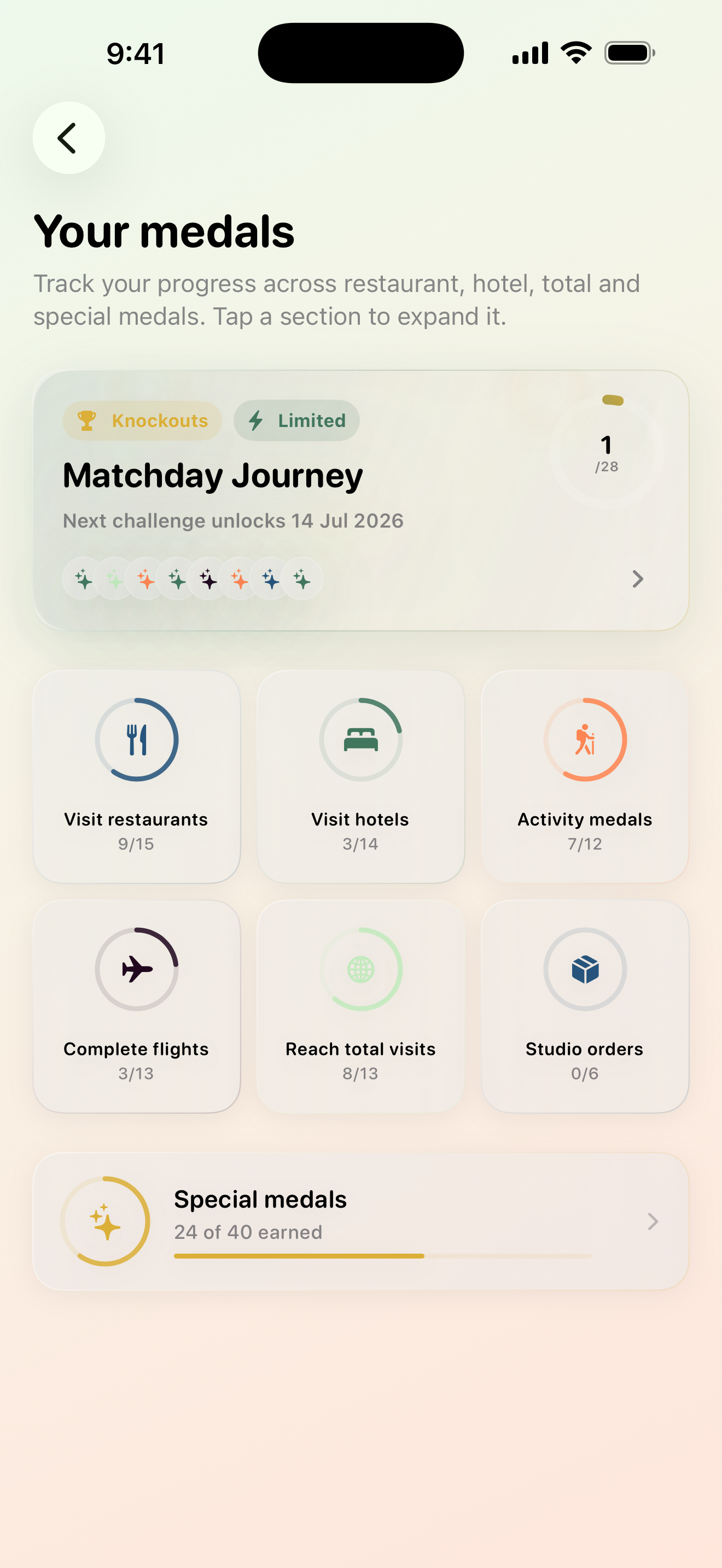 Maveon medals screen with achievement categories
